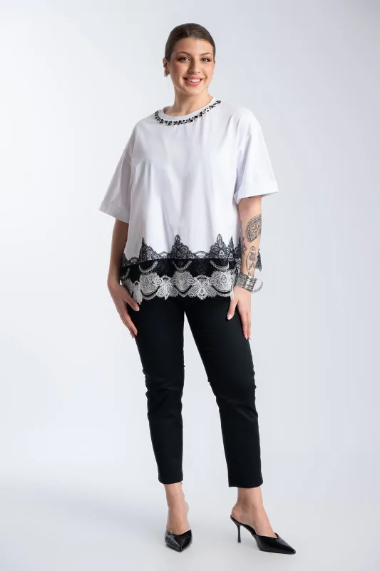 Strass Blouse Lace Detail Neckline