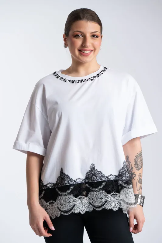 Μπλουζα Strass Λαιμόκοψη Lace Detail