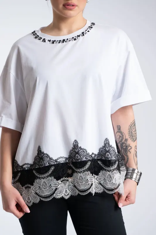 Strass Blouse Lace Detail Neckline