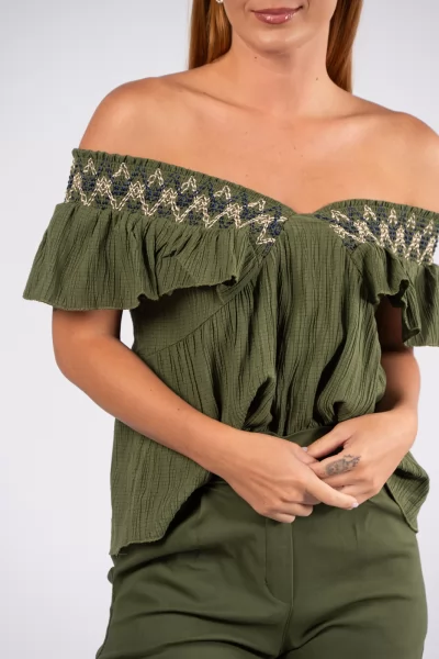 Blouse V Embroidery Khaki