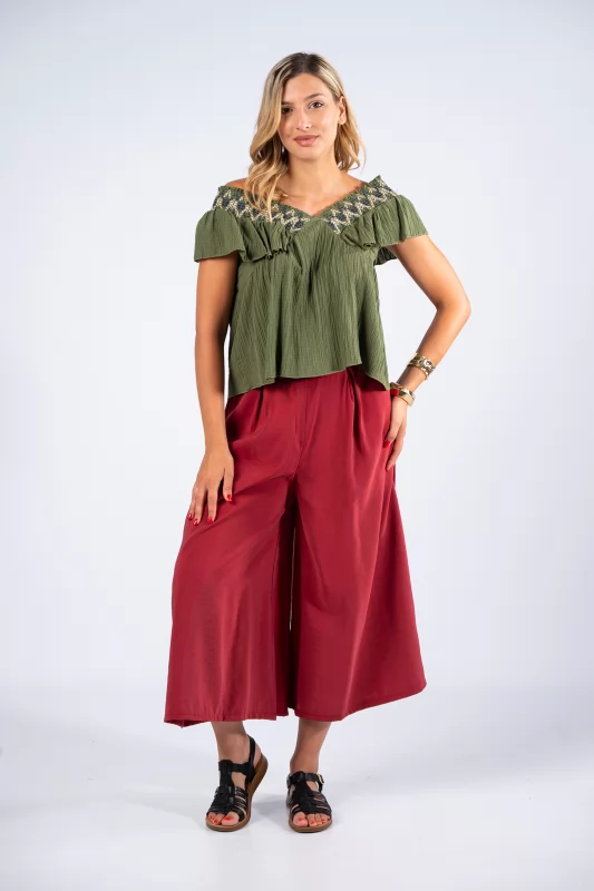 Blouse V Embroidery Khaki