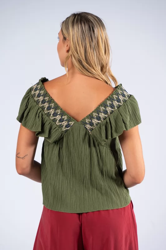Blouse V Embroidery Khaki