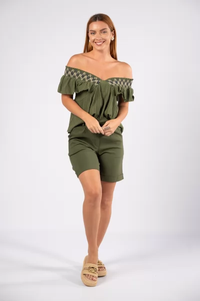 Blouse V Embroidery Khaki