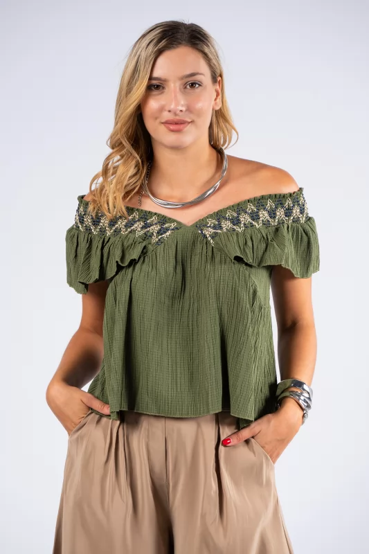 Blouse V Embroidery Khaki