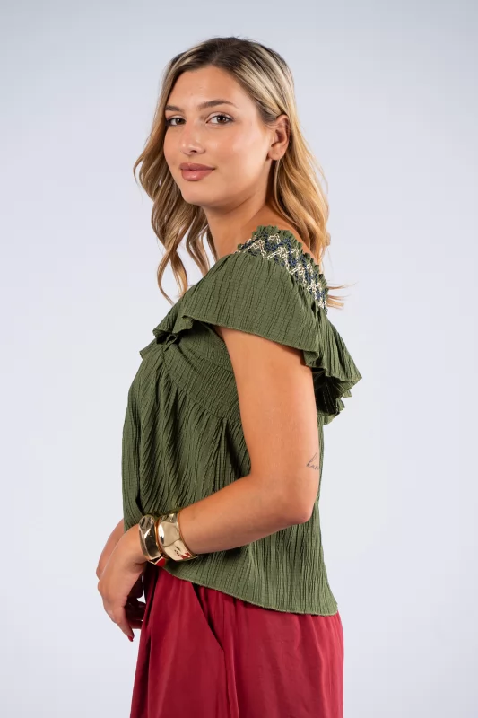 Blouse V Embroidery Khaki