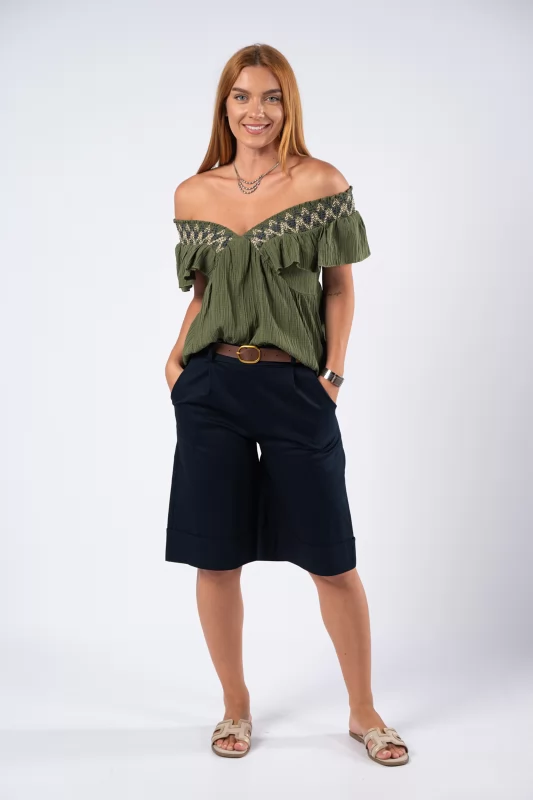 Blouse V Embroidery Khaki