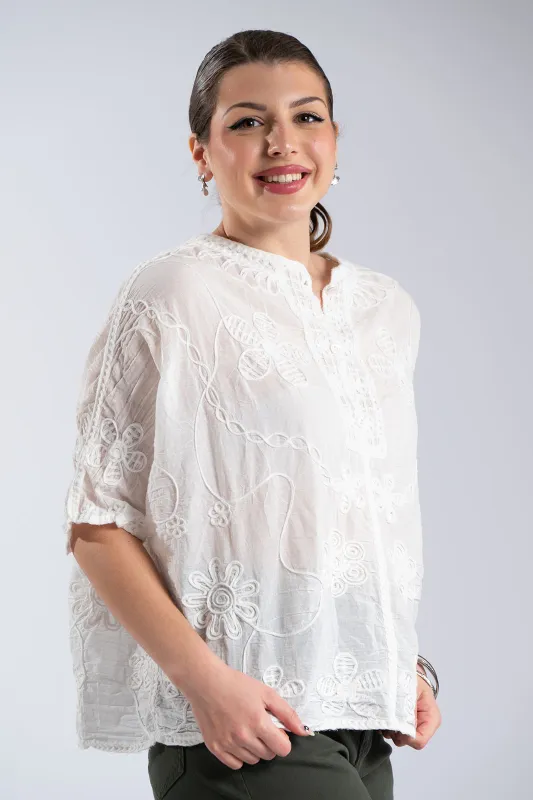 Cotton T-Shirt Floral Embroidery 