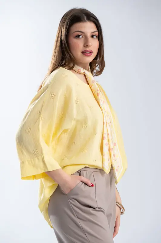 Cotton Blouse Perforated Details Scarf