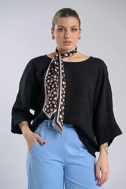 Cotton Blouse Perforated Details Scarf