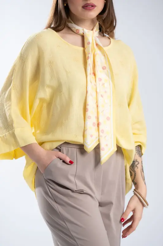 Cotton Blouse Perforated Details Scarf