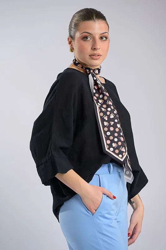 Cotton Blouse Perforated Details Scarf