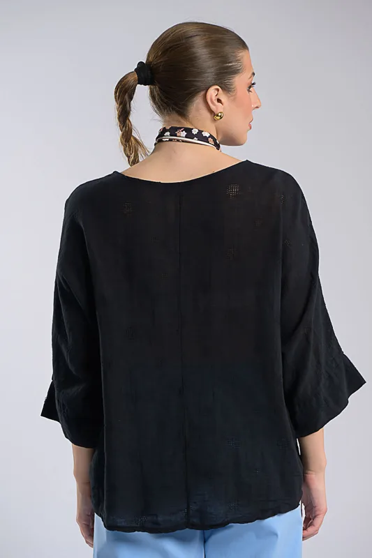 Cotton Blouse Perforated Details Scarf