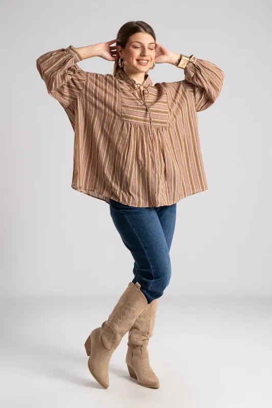 Cotton Blouse Striped V Neckline