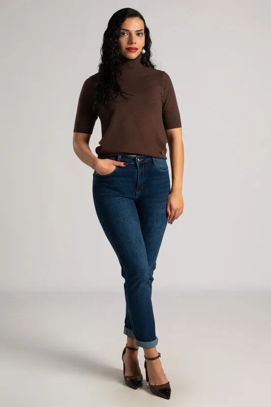 Blouse Turtleneck Short Sleeve Silver Thread 