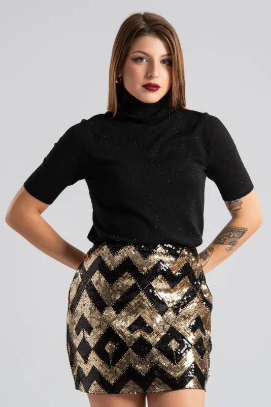 Blouse Turtleneck Short Sleeve Silver Thread 