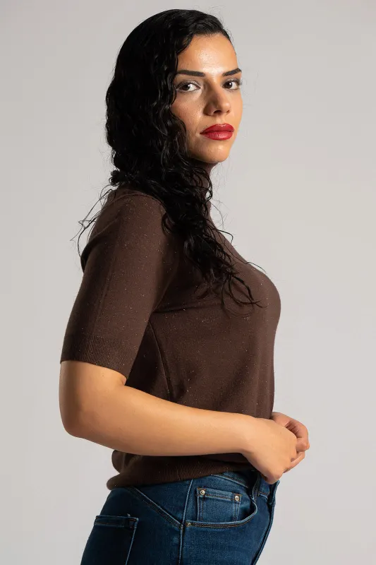 Blouse Turtleneck Short Sleeve Silver Thread 