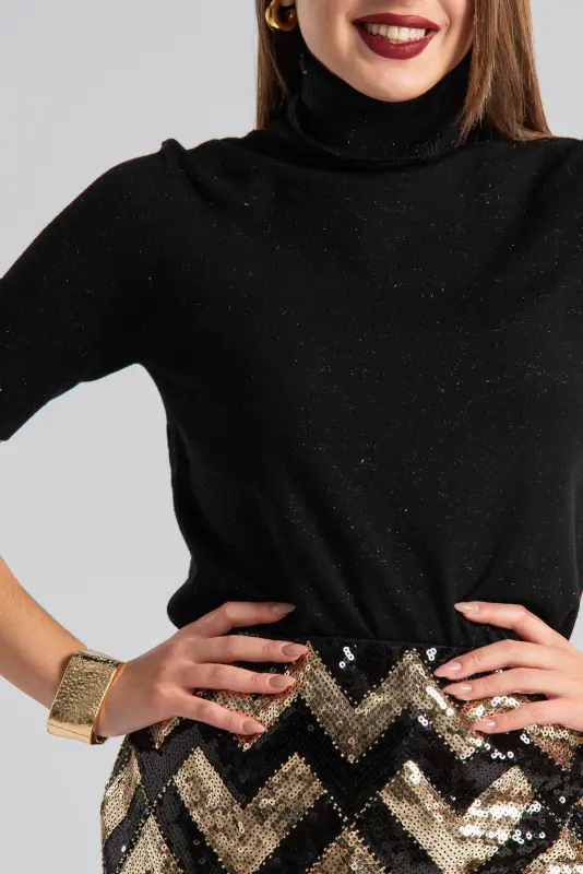 Blouse Turtleneck Short Sleeve Silver Thread 