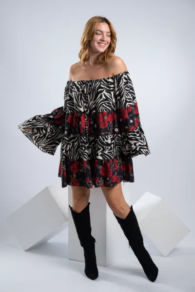 Μπλουζοφόρεμα Roses Zebra Μαύρο