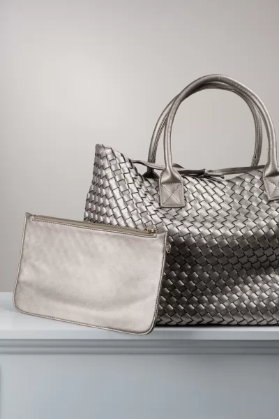 Τσάντα Shopper Πλεκτή Δερματίνη Champagne
