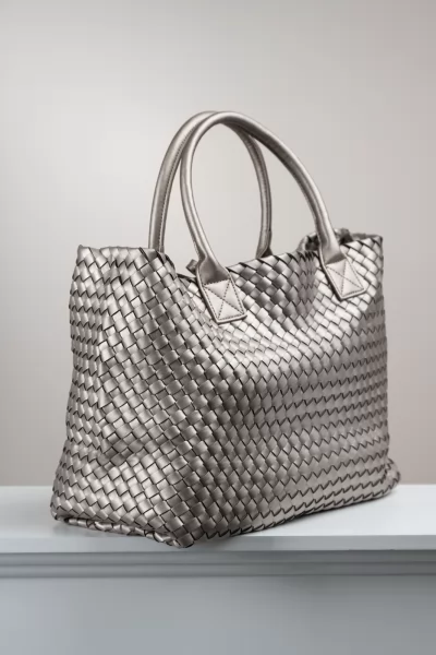 Τσάντα Shopper Πλεκτή Δερματίνη Champagne