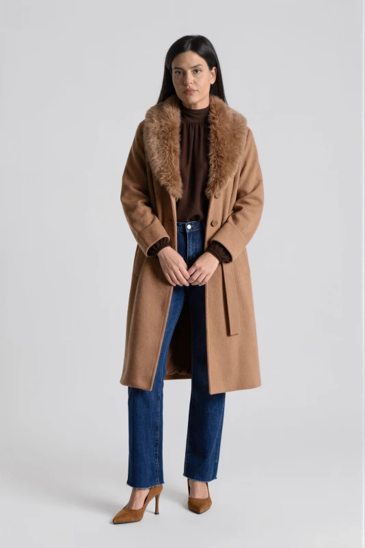 Coat with a Fur Collar and Belt