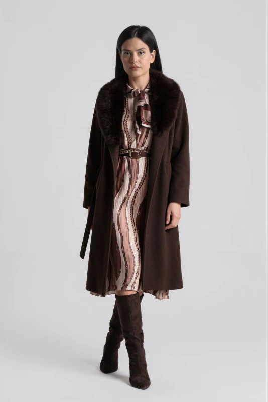 Coat with a Fur Collar and Belt