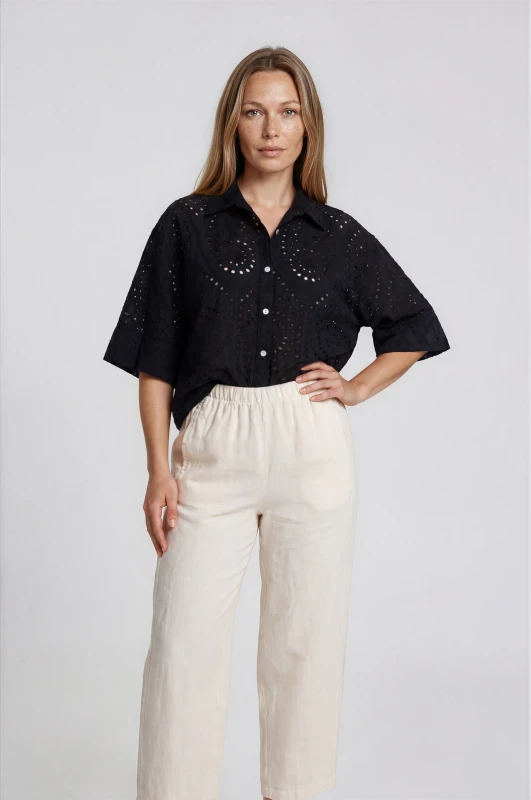 Pants Solid-Color Linen Elastic Waistband 