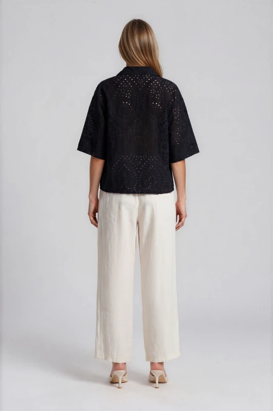 Pants Solid-Color Linen Elastic Waistband 