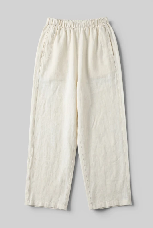 Pants Solid-Color Linen Elastic Waistband 