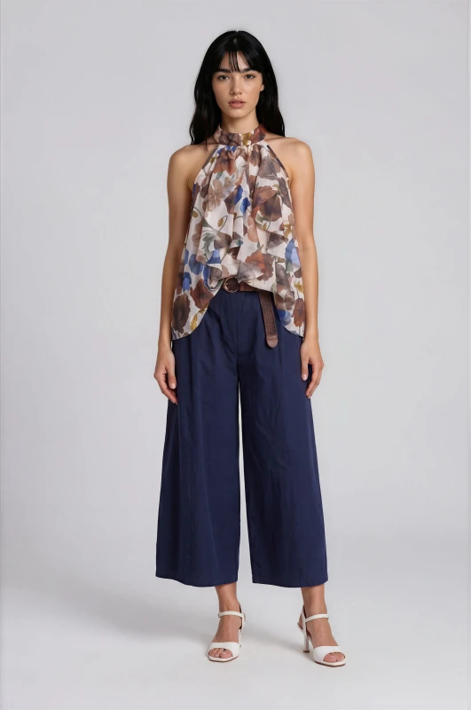 Pants Solid-Color Wide-Leg Belt