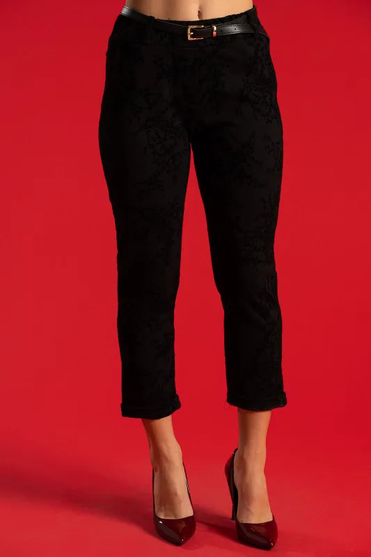 Floral Embossed Velvet Belt Pants