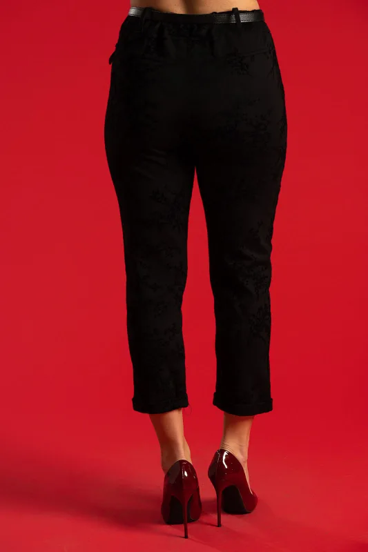 Floral Embossed Velvet Belt Pants