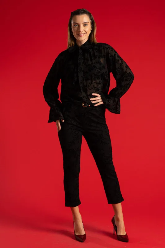 Floral Embossed Velvet Belt Pants