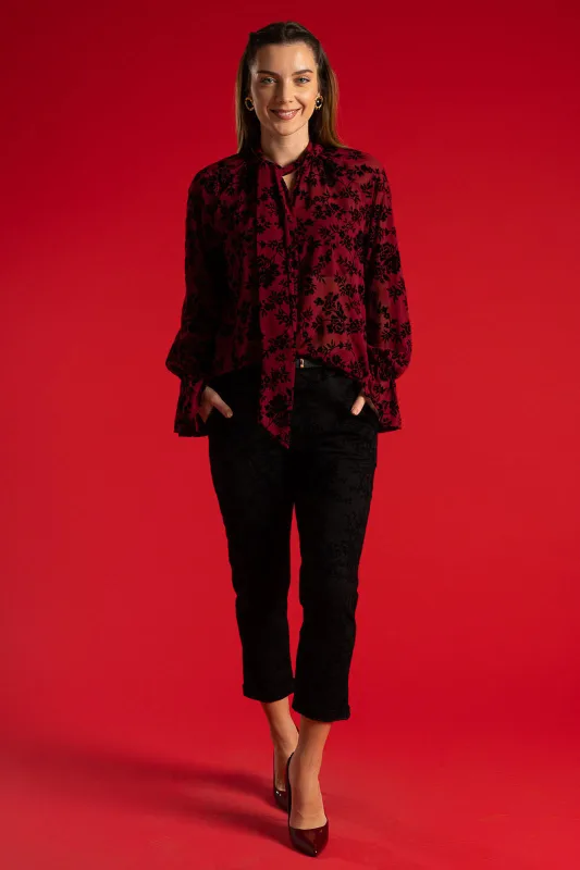 Floral Embossed Velvet Belt Pants