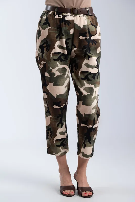 Cotton Military-Style Pants with Belt 