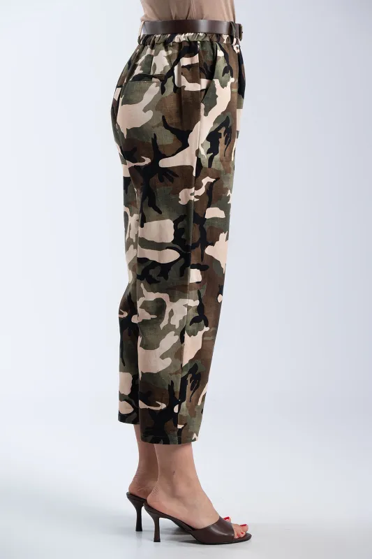 Cotton Military-Style Pants with Belt 
