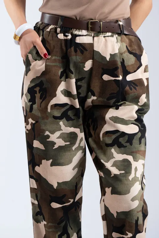 Cotton Military-Style Pants with Belt 