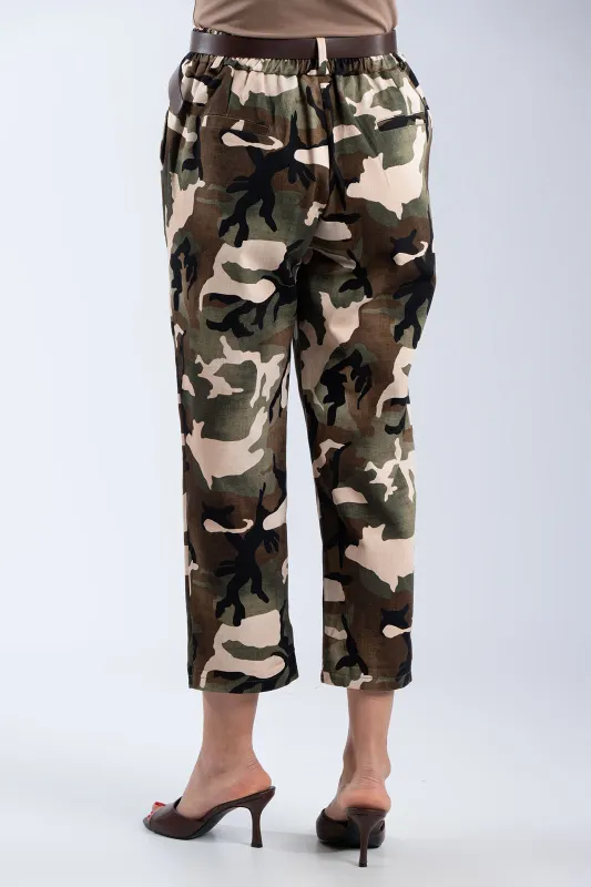 Cotton Military-Style Pants with Belt 