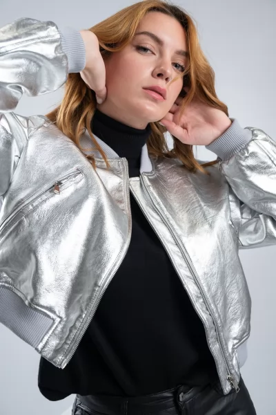 Pilot Jacket Δερματίνη Ασημί