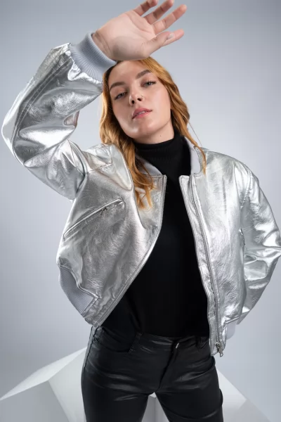 Pilot Jacket Δερματίνη Ασημί