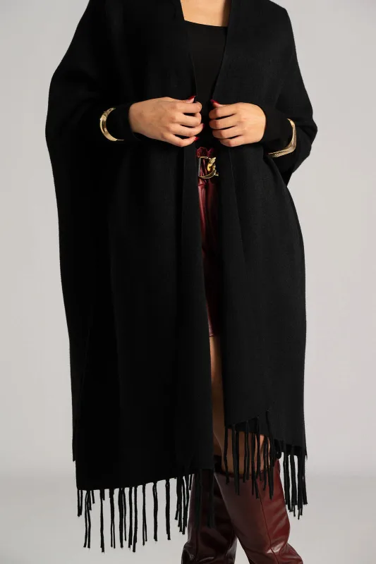 Poncho Asymmetrical Fringes Solid Color