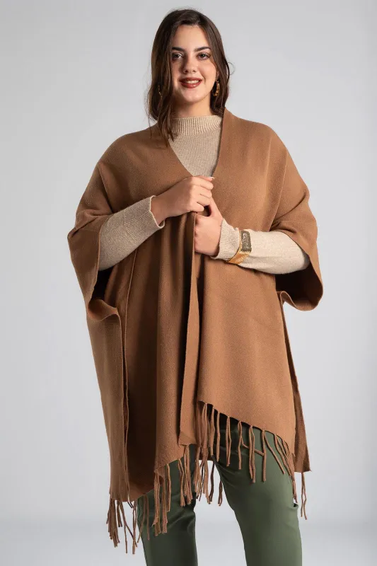 Poncho Asymmetrical Fringes Solid Color