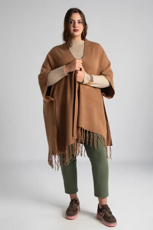 Poncho Asymmetrical Fringes Solid Color