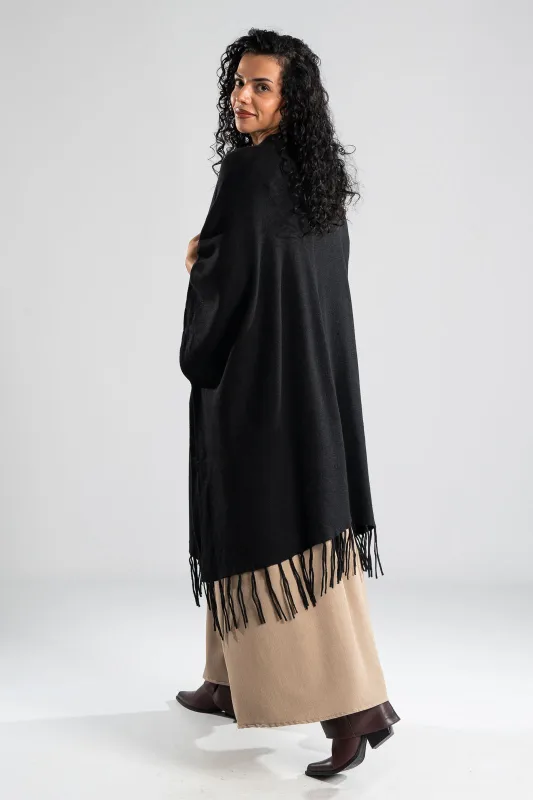 Poncho Asymmetrical Fringes Solid Color