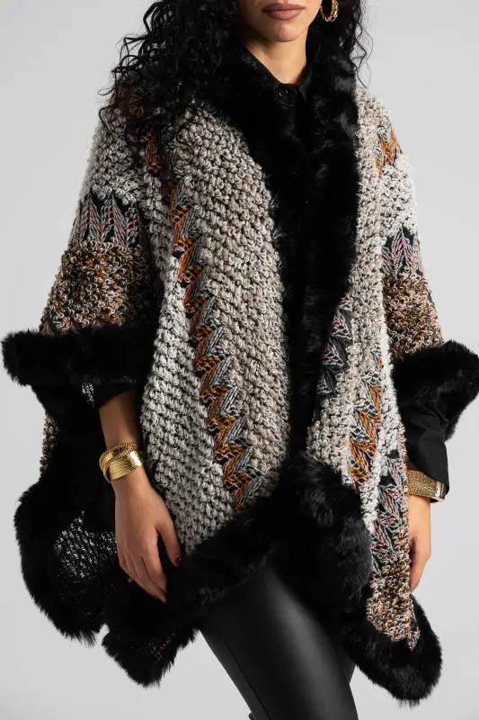 Πόντσο Πλεκτό Γούνινες Λεπτομέρειες