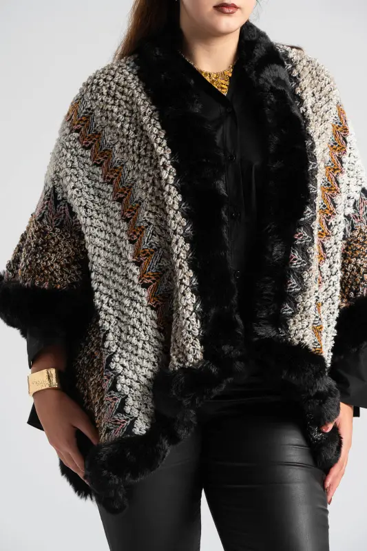 Πόντσο Πλεκτό Γούνινες Λεπτομέρειες