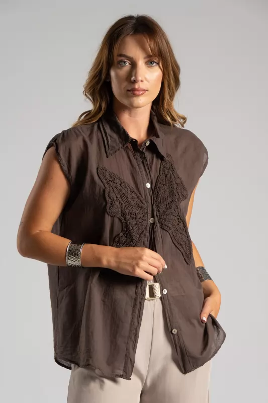 Shirt Sleeveless Embroidery Cotton