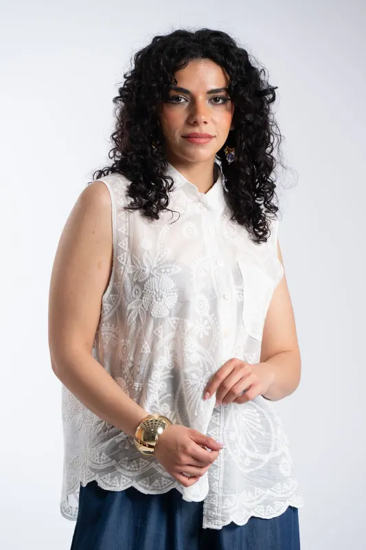 Πουκάμισο Αμάνικο Κεντημένες Λεπτομέρειες