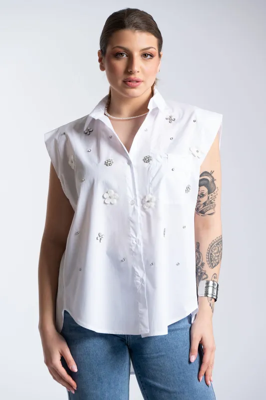 Πουκάμισο Αμάνικο Βαμβακερό Στρας Λουλούδια