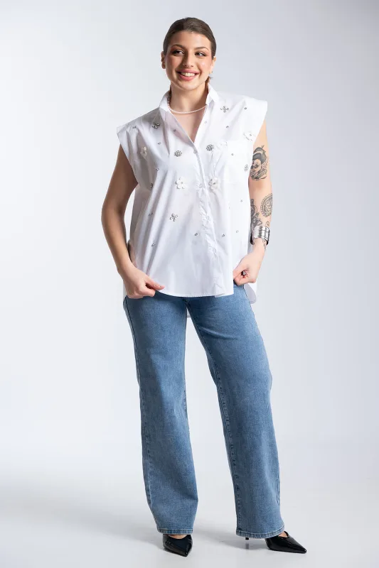 Πουκάμισο Αμάνικο Βαμβακερό Στρας Λουλούδια